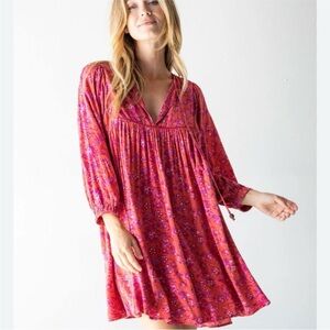 Natural Life Red Purple Floral Boho Tunic Dress Peasant Babydoll Women's XL NWOT